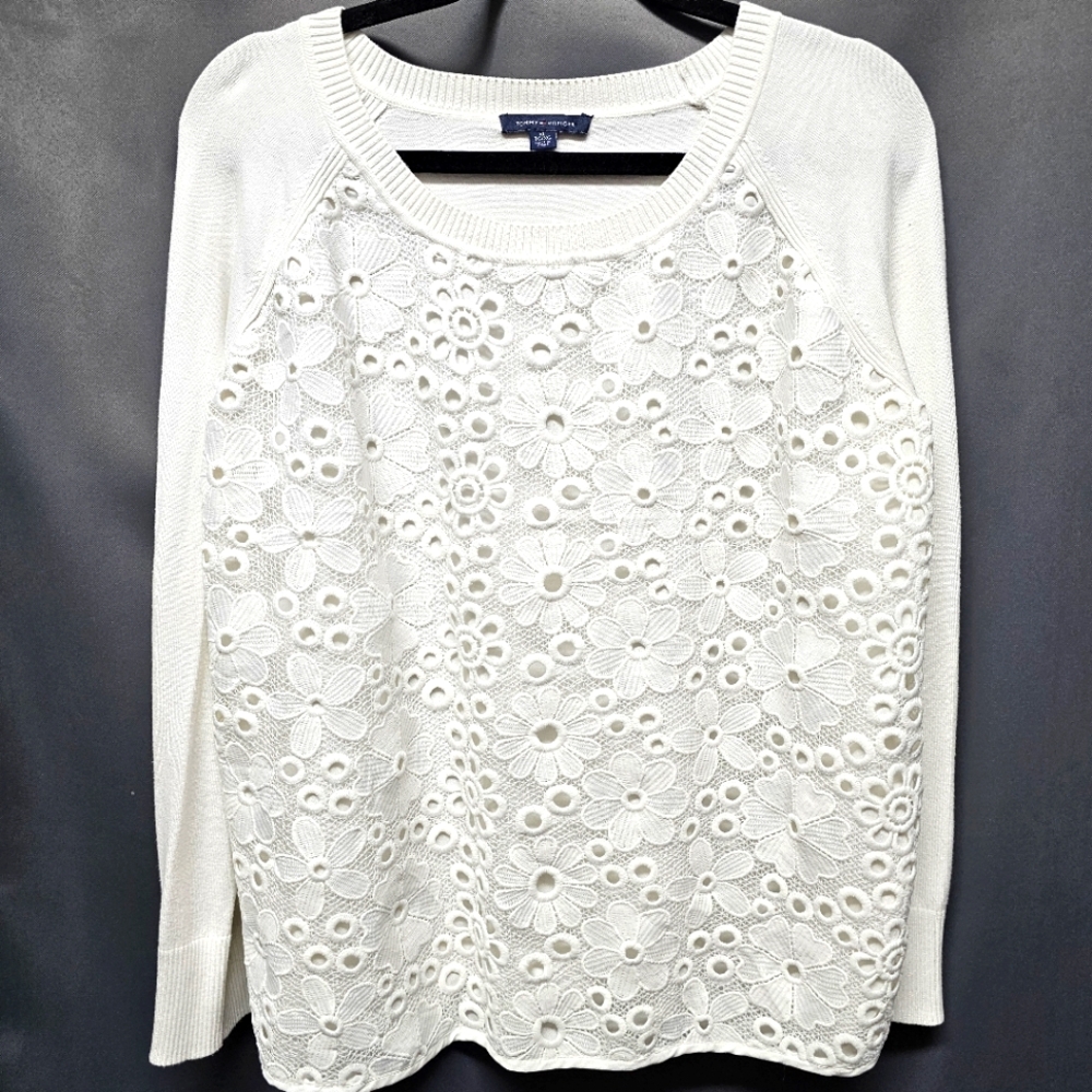 Tommy Hilfiger White Floral Embroidered Lace Overlay Sweater Size XL